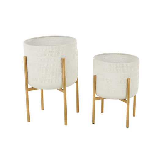 White & Gold Metal Dome Planter with Stand Set